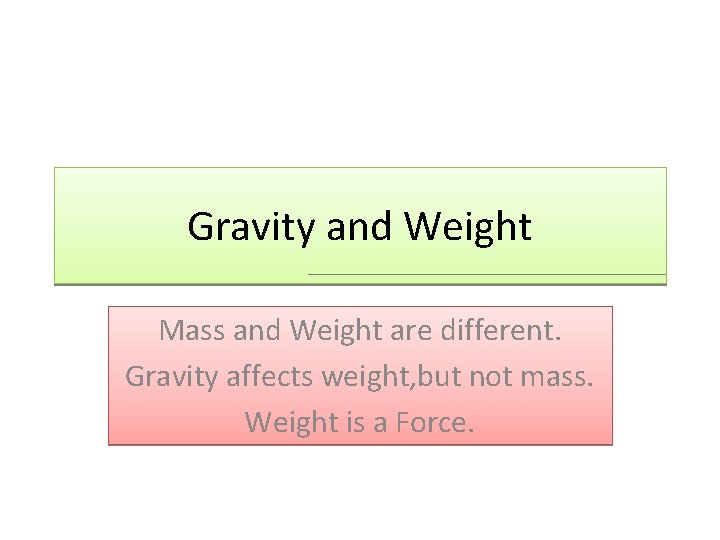 Gravity and Weight Mass and Weight are different. Gravity affects weight, but not mass.