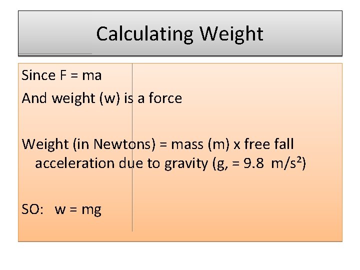 Calculating Weight Since F = ma And weight (w) is a force Weight (in