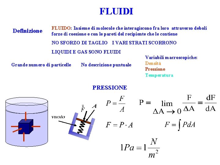 FLUIDI Definizione FLUIDO: Insieme di molecole che interagiscono fra loro attraverso deboli forze di
