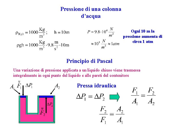 Pressione di una colonna d’acqua Ogni 10 m la pressione aumenta di circa 1