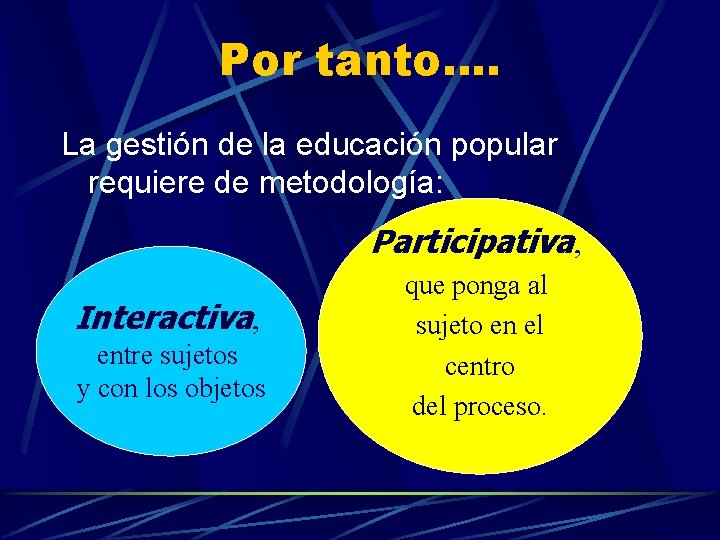 Por tanto…. La gestión de la educación popular requiere de metodología: Participativa, Interactiva, entre