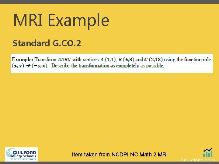MRI Example Standard G. CO. 2 Item taken from NCDPI NC Math 2 MRI