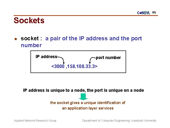 /95 Sockets l socket : a pair of the IP address and the port