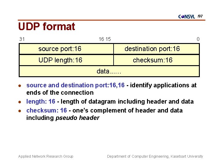 /97 UDP format 31 16 15 0 source port: 16 destination port: 16 UDP