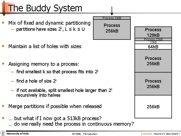 The Buddy System § Mix of fixed and dynamic partitioning − partitions have sizes