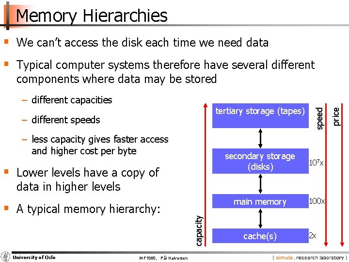 Memory Hierarchies § We can’t access the disk each time we need data §