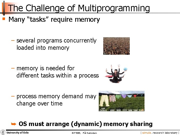 The Challenge of Multiprogramming § Many “tasks” require memory − several programs concurrently loaded