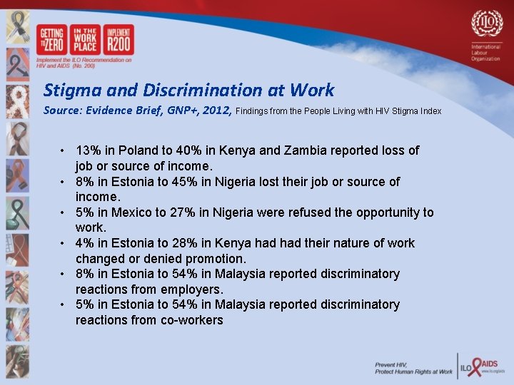 Stigma and Discrimination at Work Source: Evidence Brief, GNP+, 2012, Findings from the People