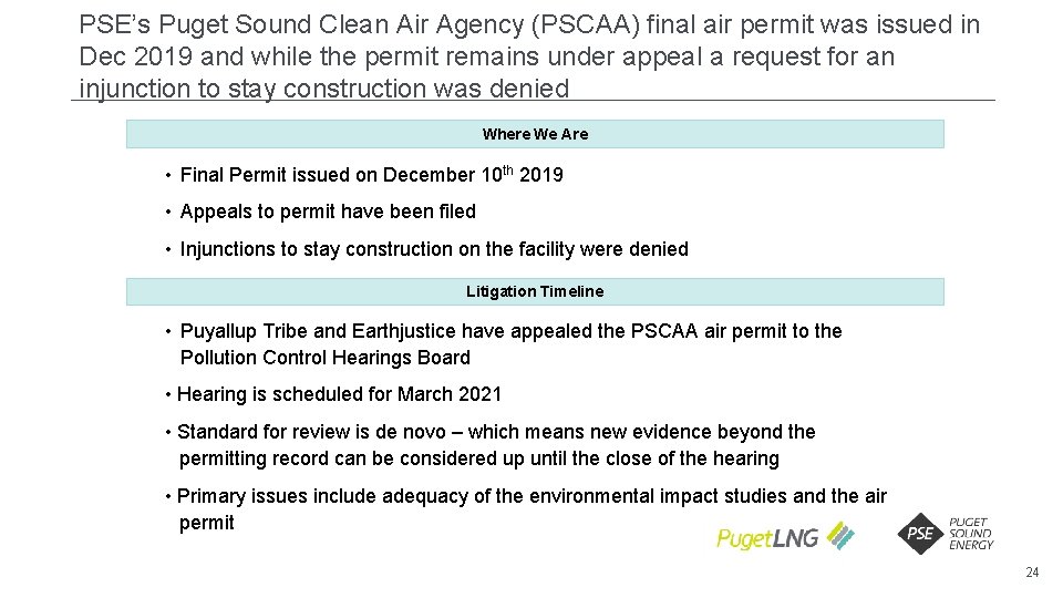 PSE’s Puget Sound Clean Air Agency (PSCAA) final air permit was issued in Dec PSE’s Puget Sound Clean Air Agency (PSCAA) final air permit was issued in Dec