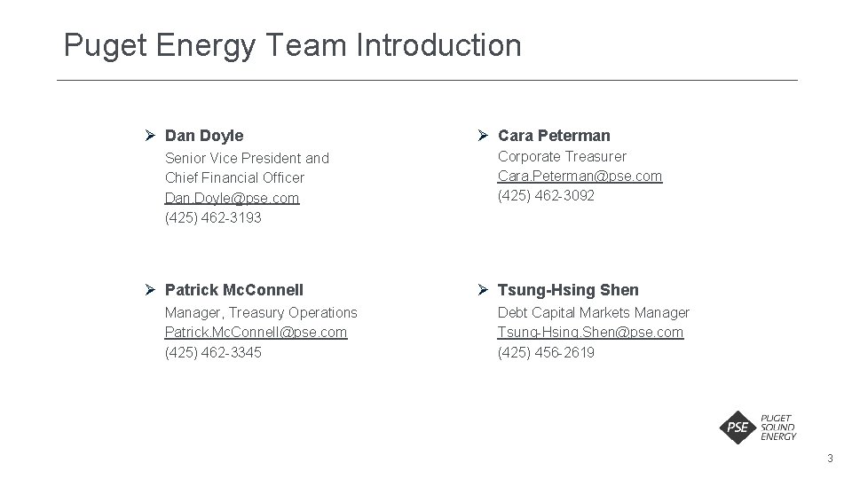 Puget Energy Team Introduction Ø Dan Doyle Senior Vice President and Chief Financial Officer Puget Energy Team Introduction Ø Dan Doyle Senior Vice President and Chief Financial Officer
