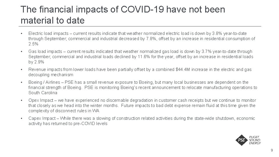 The financial impacts of COVID-19 have not been material to date • Electric load The financial impacts of COVID-19 have not been material to date • Electric load