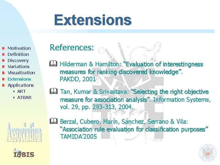 Extensions Motivation Definition Discovery Variations Visualization Extensions Applications ART ATBAR References: Hilderman & Hamilton: