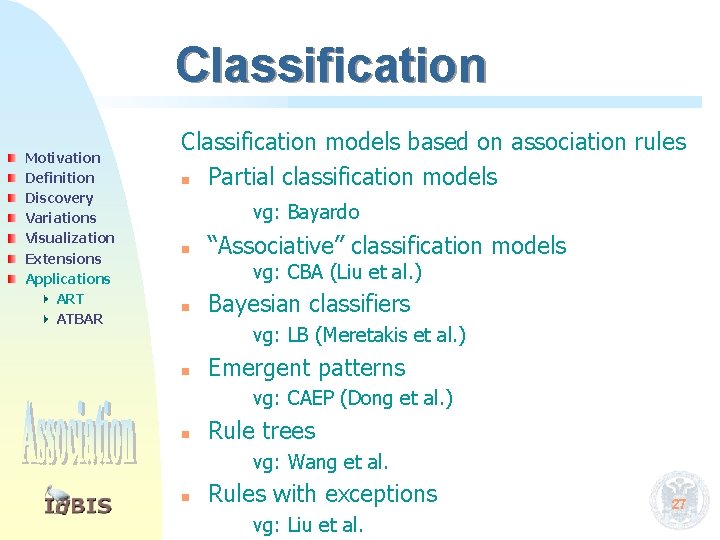 Classification Motivation Definition Discovery Variations Visualization Extensions Applications ART ATBAR Classification models based on