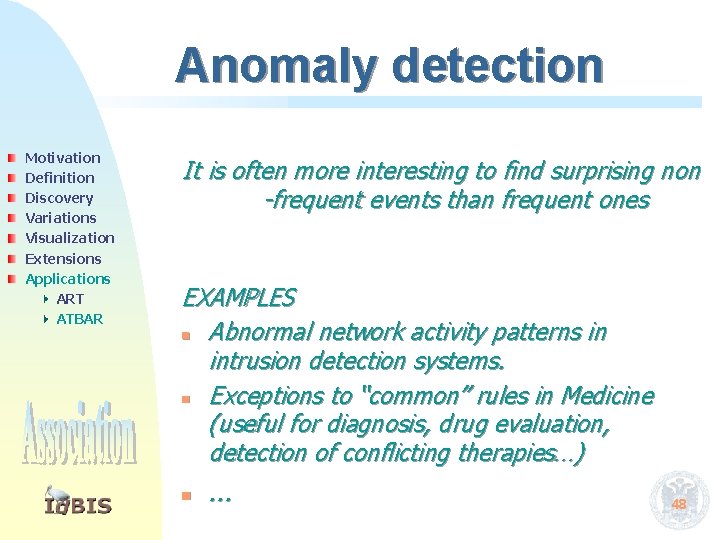 Anomaly detection Motivation Definition Discovery Variations Visualization Extensions Applications ART ATBAR It is often