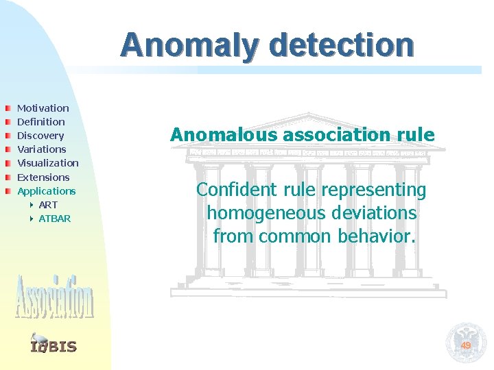 Anomaly detection Motivation Definition Discovery Variations Visualization Extensions Applications ART ATBAR Anomalous association rule