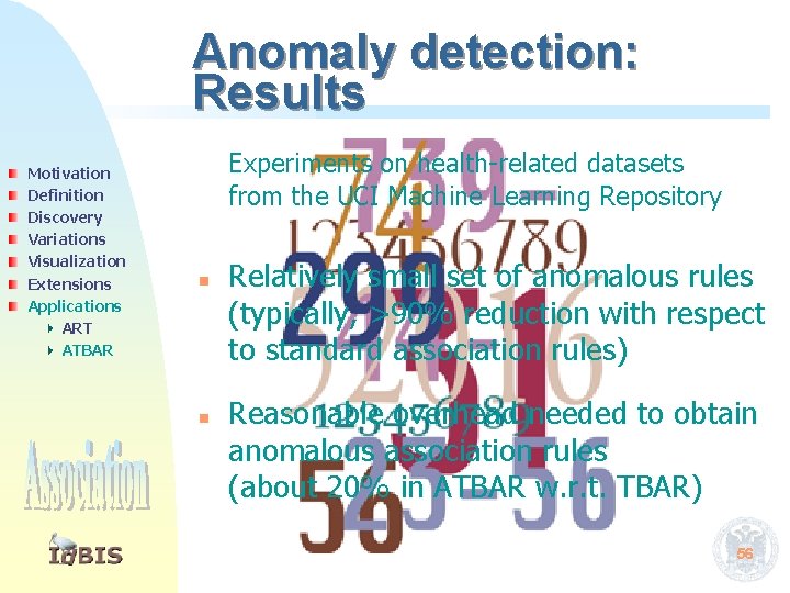 Anomaly detection: Results Motivation Definition Discovery Variations Visualization Extensions Applications ART ATBAR Experiments on