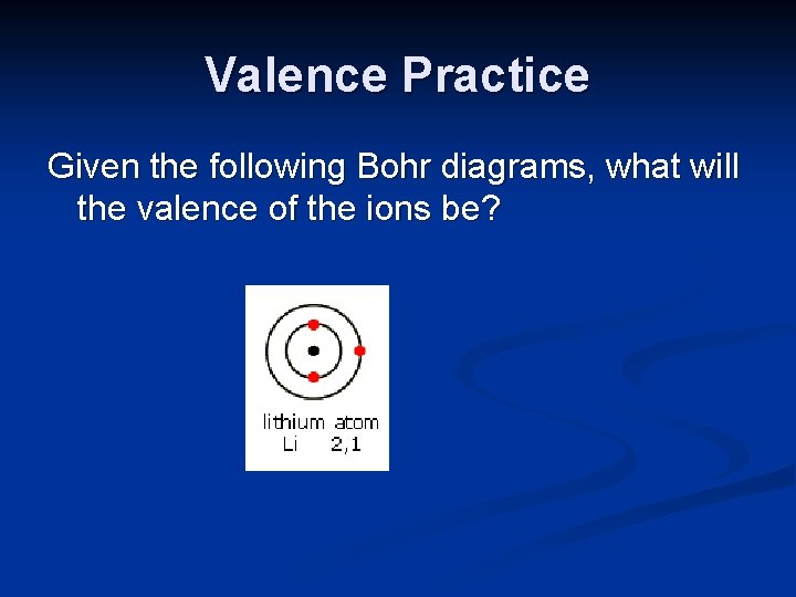 Valence Practice Given the following Bohr diagrams, what will the valence of the ions