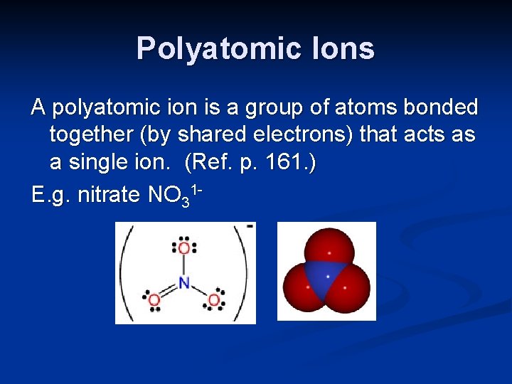 Polyatomic Ions A polyatomic ion is a group of atoms bonded together (by shared