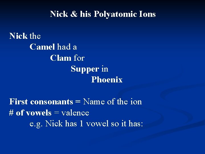 Nick & his Polyatomic Ions Nick the Camel had a Clam for Supper in