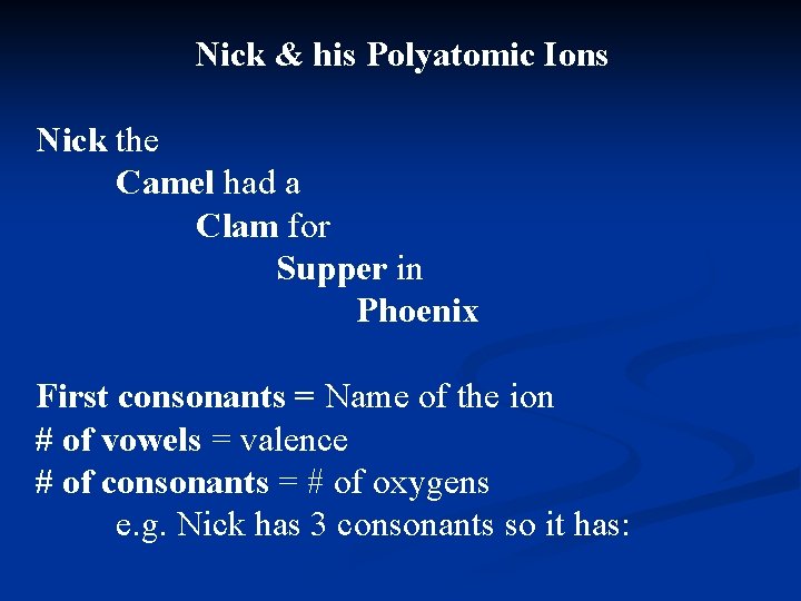 Nick & his Polyatomic Ions Nick the Camel had a Clam for Supper in