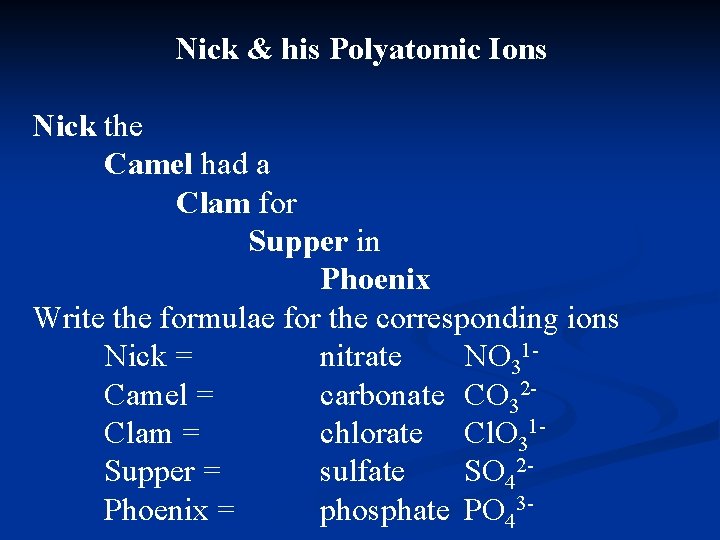 Nick & his Polyatomic Ions Nick the Camel had a Clam for Supper in