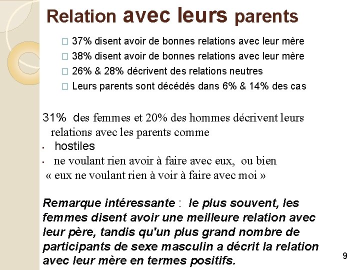 Relation avec leurs parents 37% disent avoir de bonnes relations avec leur mère �