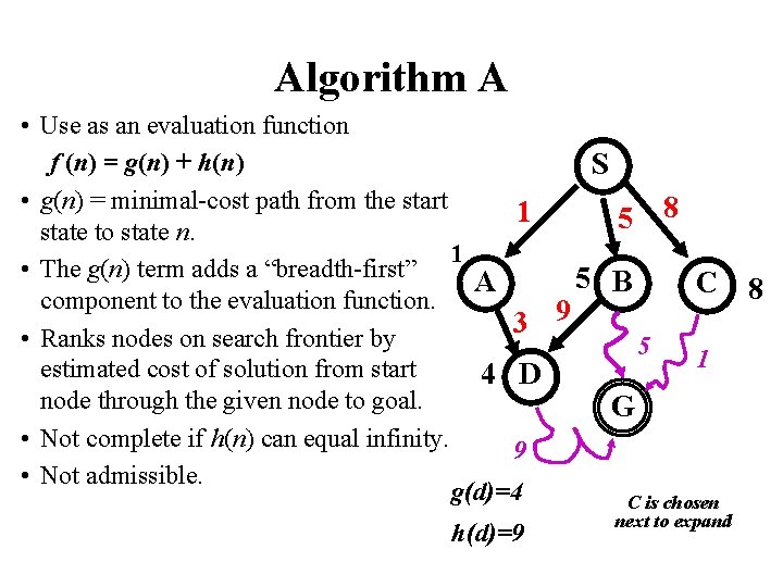 Algorithm A • Use as an evaluation function f (n) = g(n) + h(n)