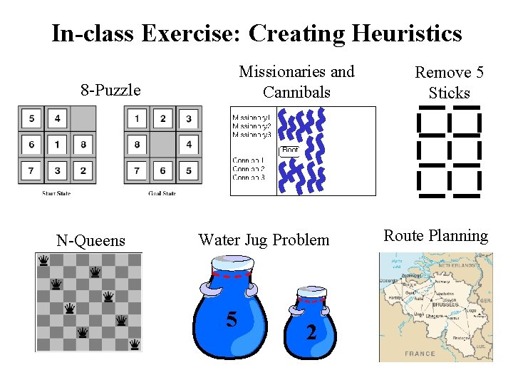 In-class Exercise: Creating Heuristics Missionaries and Cannibals 8 -Puzzle N-Queens Water Jug Problem 5