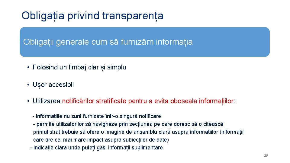 Obligația privind transparența Obligații generale cum să furnizăm informația • Folosind un limbaj clar