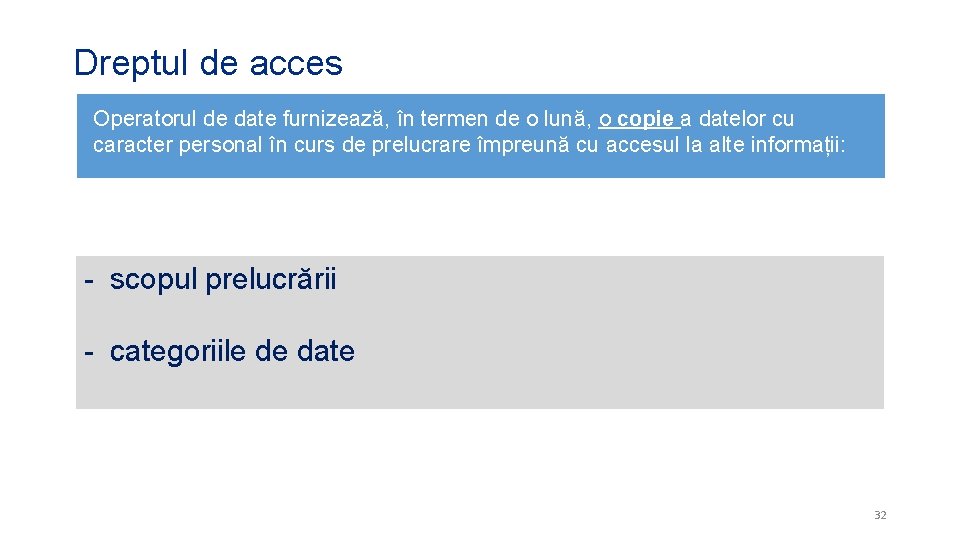 Dreptul de acces Operatorul de date furnizează, în termen de o lună, o copie