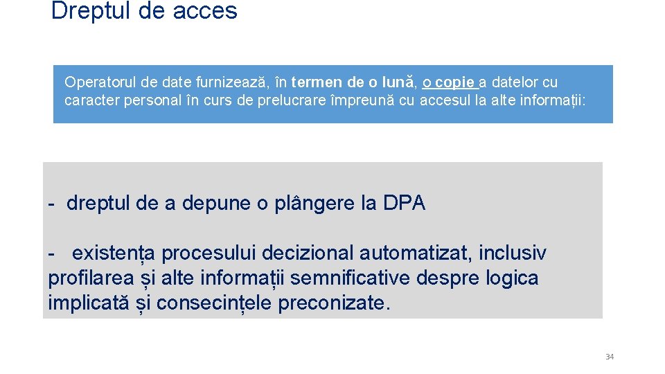 Dreptul de acces Operatorul de date furnizează, în termen de o lună, o copie
