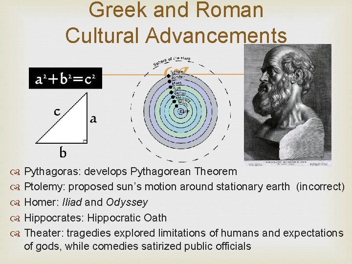 Greek and Roman Cultural Advancements Pythagoras: develops Pythagorean Theorem Ptolemy: proposed sun’s motion around
