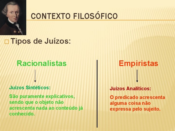 CONTEXTO FILOSÓFICO � Tipos de Juízos: Racionalistas Empiristas Juízos Sintéticos: Juízos Analíticos: São puramente