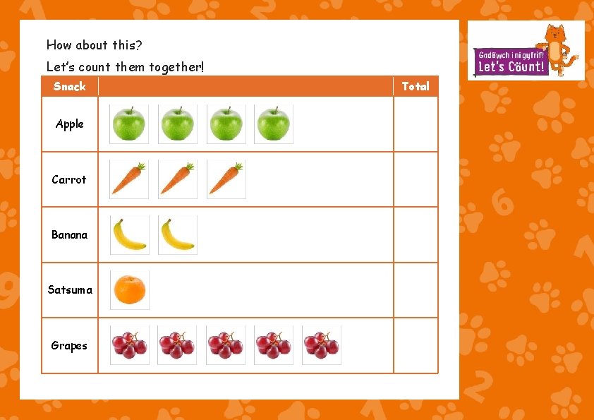 How about this? Let’s count them together! Snack Apple Carrot Banana Satsuma Grapes Total