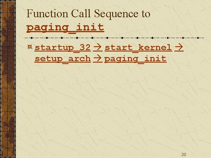 Function Call Sequence to paging_init startup_32 start_kernel setup_arch paging_init 20 