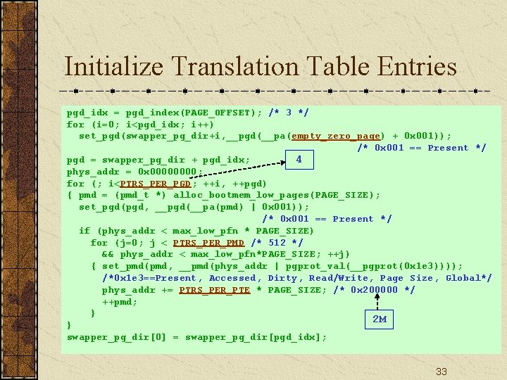 Initialize Translation Table Entries pgd_idx = pgd_index(PAGE_OFFSET); /* 3 */ for (i=0; i<pgd_idx; i++)