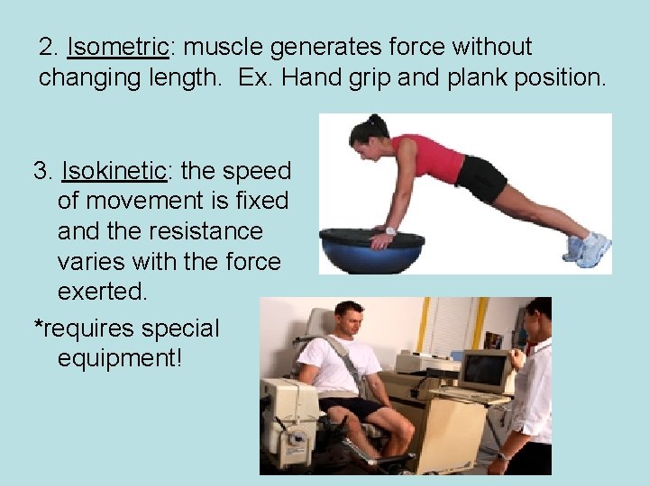 2. Isometric: muscle generates force without changing length. Ex. Hand grip and plank position.
