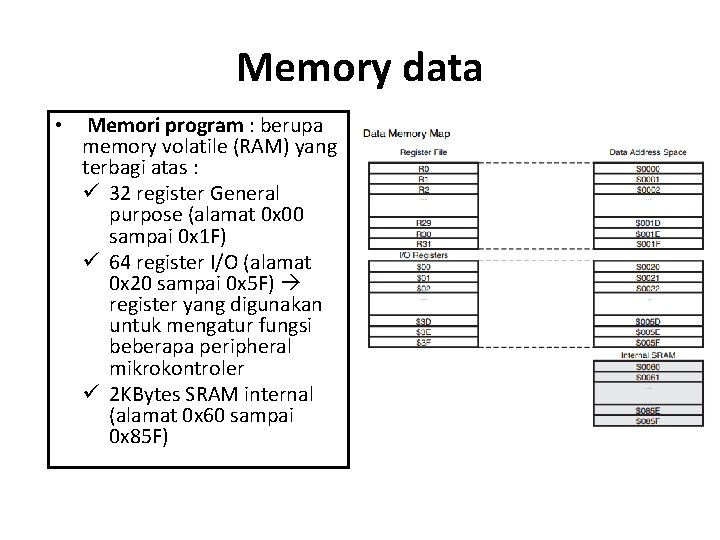 Memory data • Memori program : berupa memory volatile (RAM) yang terbagi atas :
