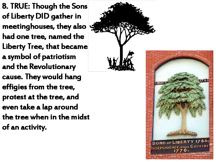 8. TRUE: Though the Sons of Liberty DID gather in meetinghouses, they also had