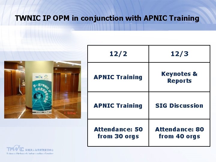 TWNIC IP OPM in conjunction with APNIC Training 12/2 12/3 APNIC Training Keynotes &