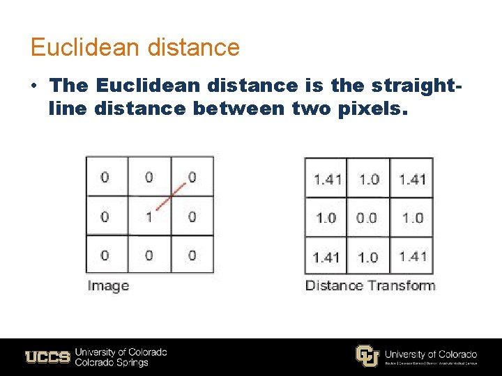 Euclidean distance • The Euclidean distance is the straightline distance between two pixels. Euclidean distance • The Euclidean distance is the straightline distance between two pixels.