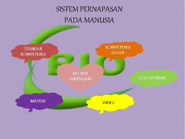 SISTEM PERNAPASAN PADA MANUSIA KOMPETENSI DASAR STANDAR KOMPETENSI BY: YESI YUPITASARI MATERI SOAL LATIHAN SISTEM PERNAPASAN PADA MANUSIA KOMPETENSI DASAR STANDAR KOMPETENSI BY: YESI YUPITASARI MATERI SOAL LATIHAN