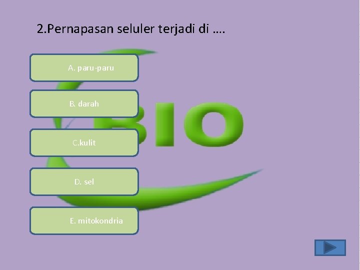 2. Pernapasan seluler terjadi di …. A. paru-paru B. darah C. kulit D. sel 2. Pernapasan seluler terjadi di …. A. paru-paru B. darah C. kulit D. sel