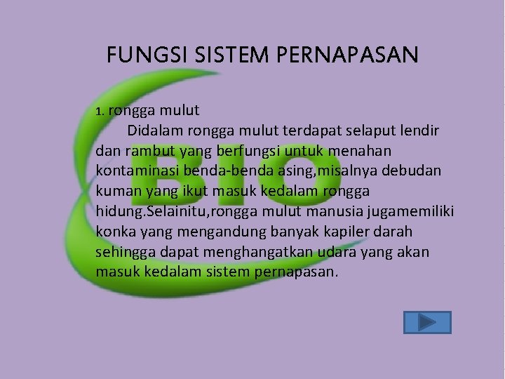 FUNGSI SISTEM PERNAPASAN 1. rongga mulut Didalam rongga mulut terdapat selaput lendir dan rambut FUNGSI SISTEM PERNAPASAN 1. rongga mulut Didalam rongga mulut terdapat selaput lendir dan rambut