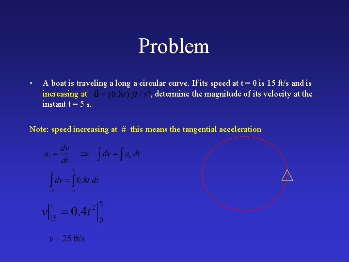 Problem • A boat is traveling a long a circular curve. If its speed