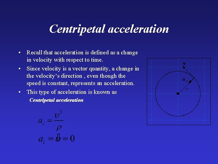 Centripetal acceleration • Recall that acceleration is defined as a change in velocity with