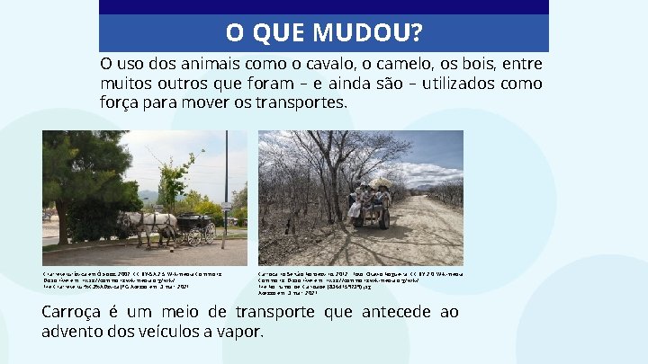 O QUE MUDOU? O uso dos animais como o cavalo, o camelo, os bois,