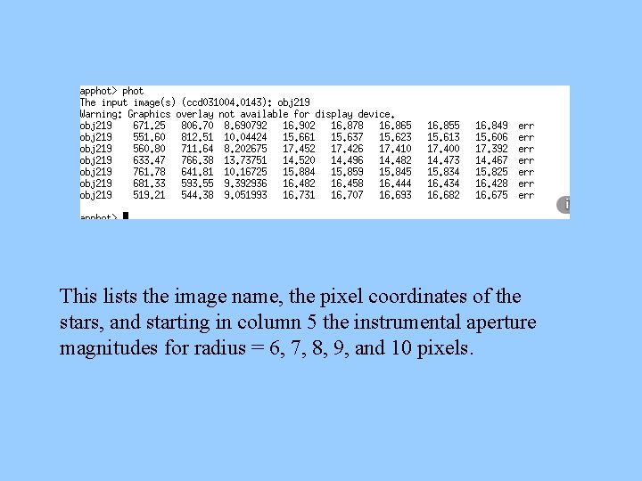 This lists the image name, the pixel coordinates of the stars, and starting in