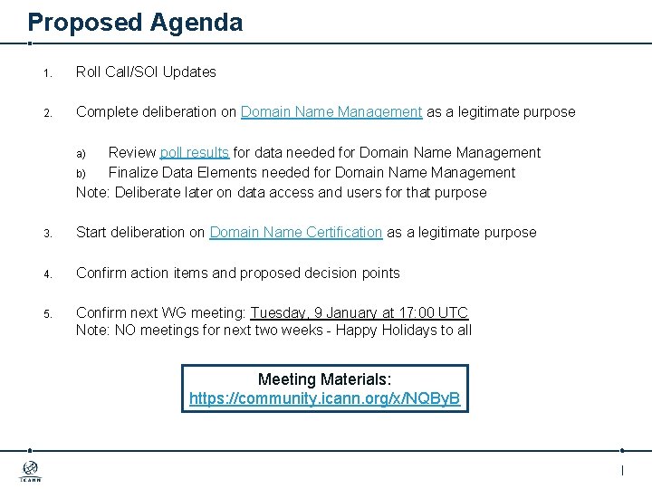 Proposed Agenda 1. Roll Call/SOI Updates 2. Complete deliberation on Domain Name Management as