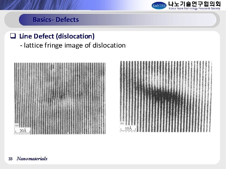 Basics- Defects q Line Defect (dislocation) - lattice fringe image of dislocation 33 Nanomaterials